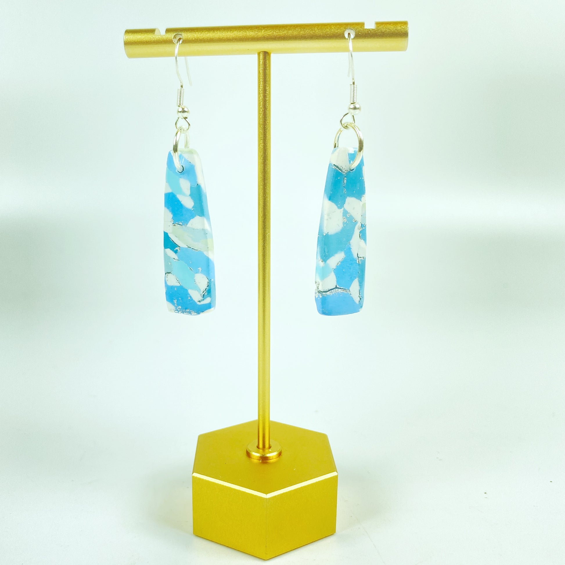 Moody Blues Handmade Polymer Clay Dangle Long Earrings on brass earrings stand