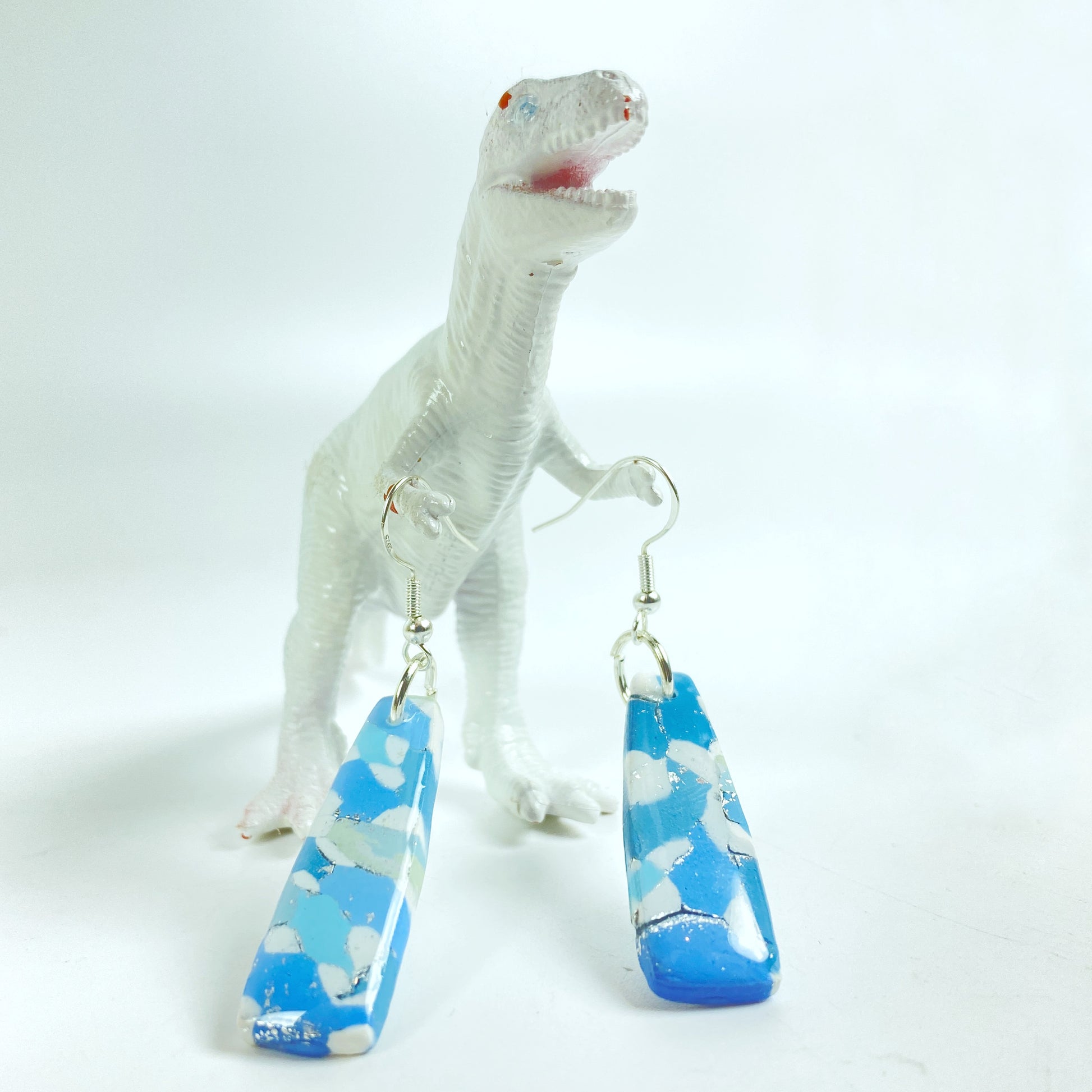 Moody Blues Handmade Polymer Clay Dangle Long Earrings with dinosaur