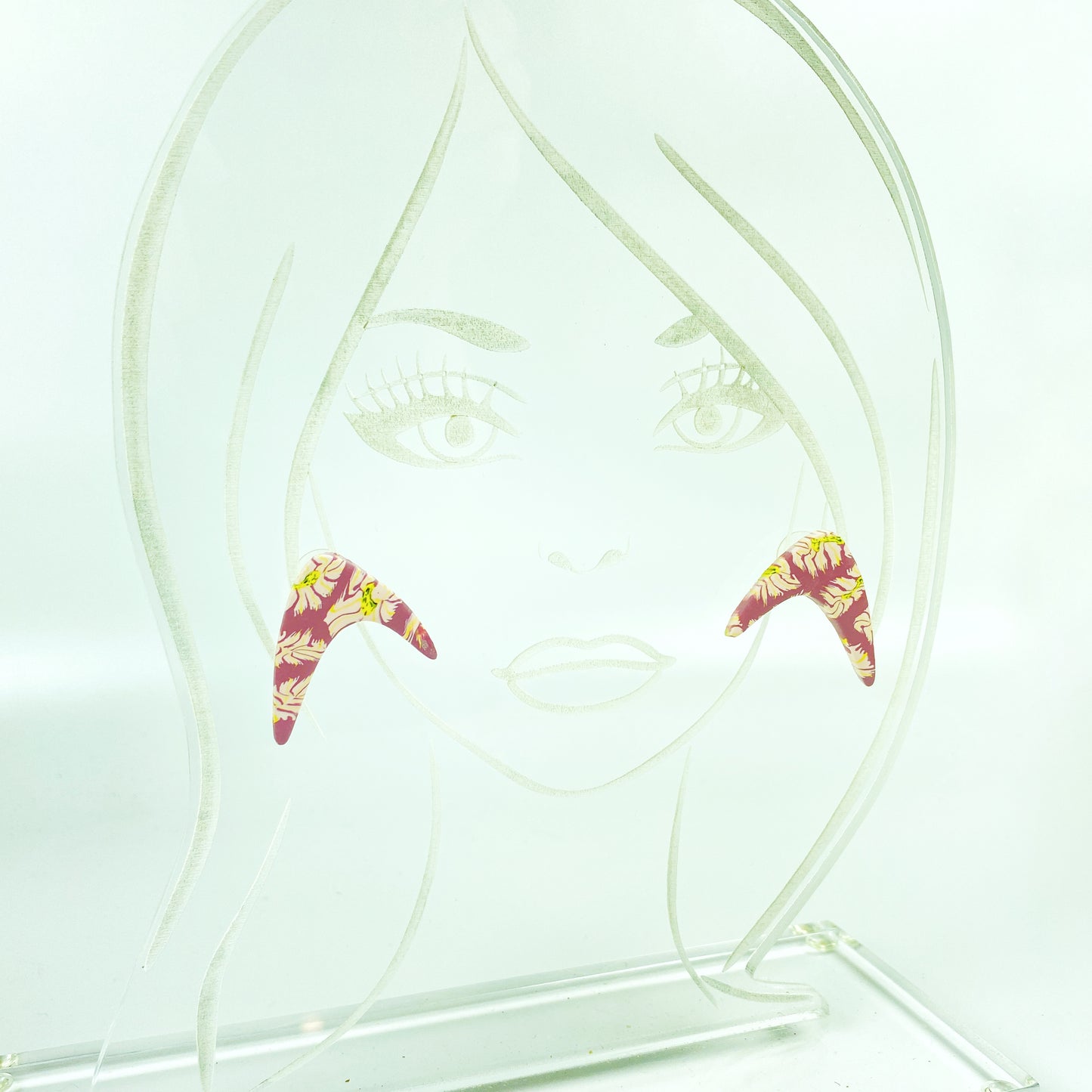 Exotic Blooms Handmade Polymer Clay Boomerang Earrings on acrylic display head
