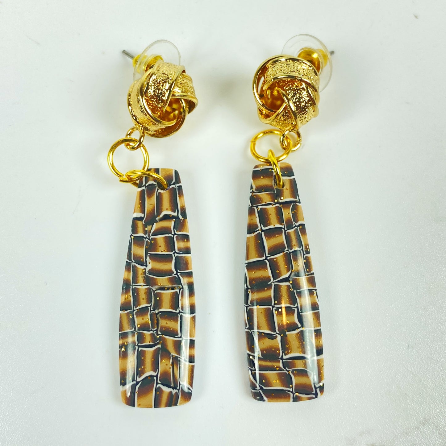 Golden Lattice Polymer Clay Handmade Dangle Earrings front view