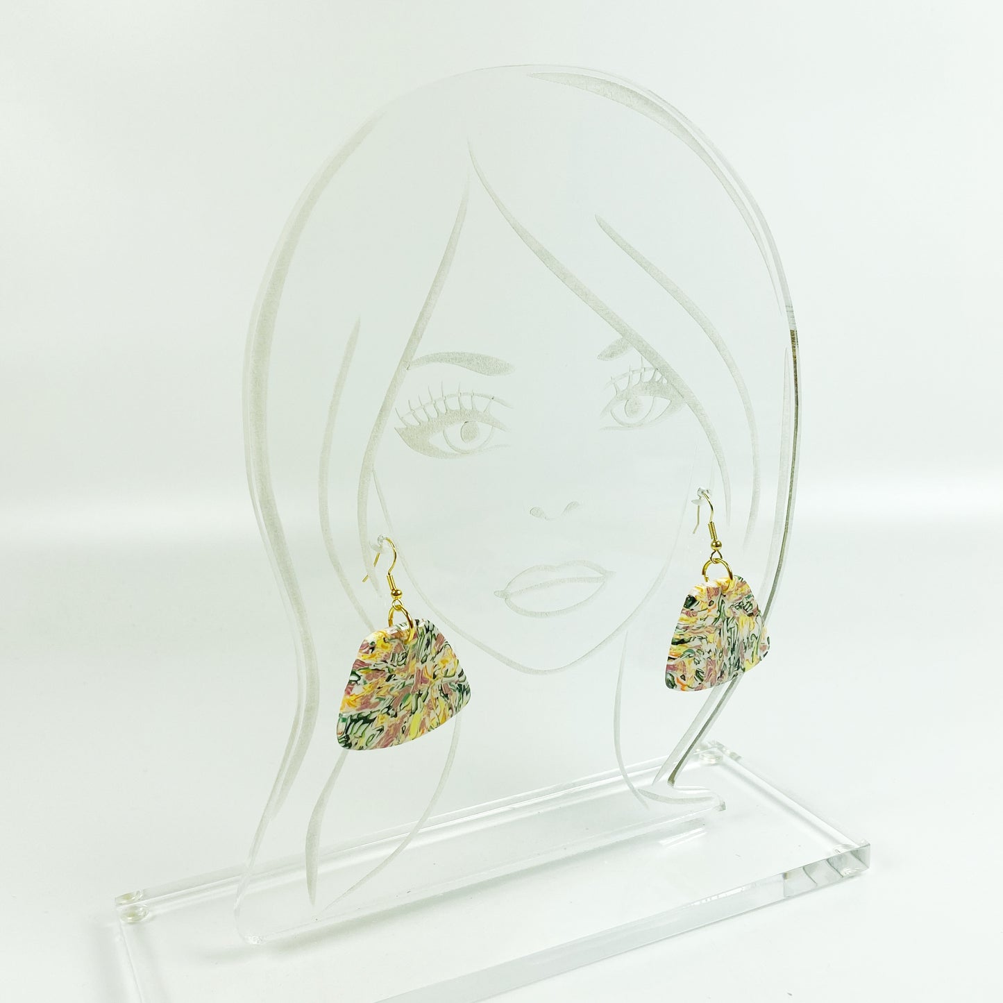 Garden Marbled Handmade Polymer Clay Dangle Earrings on acrylic display head