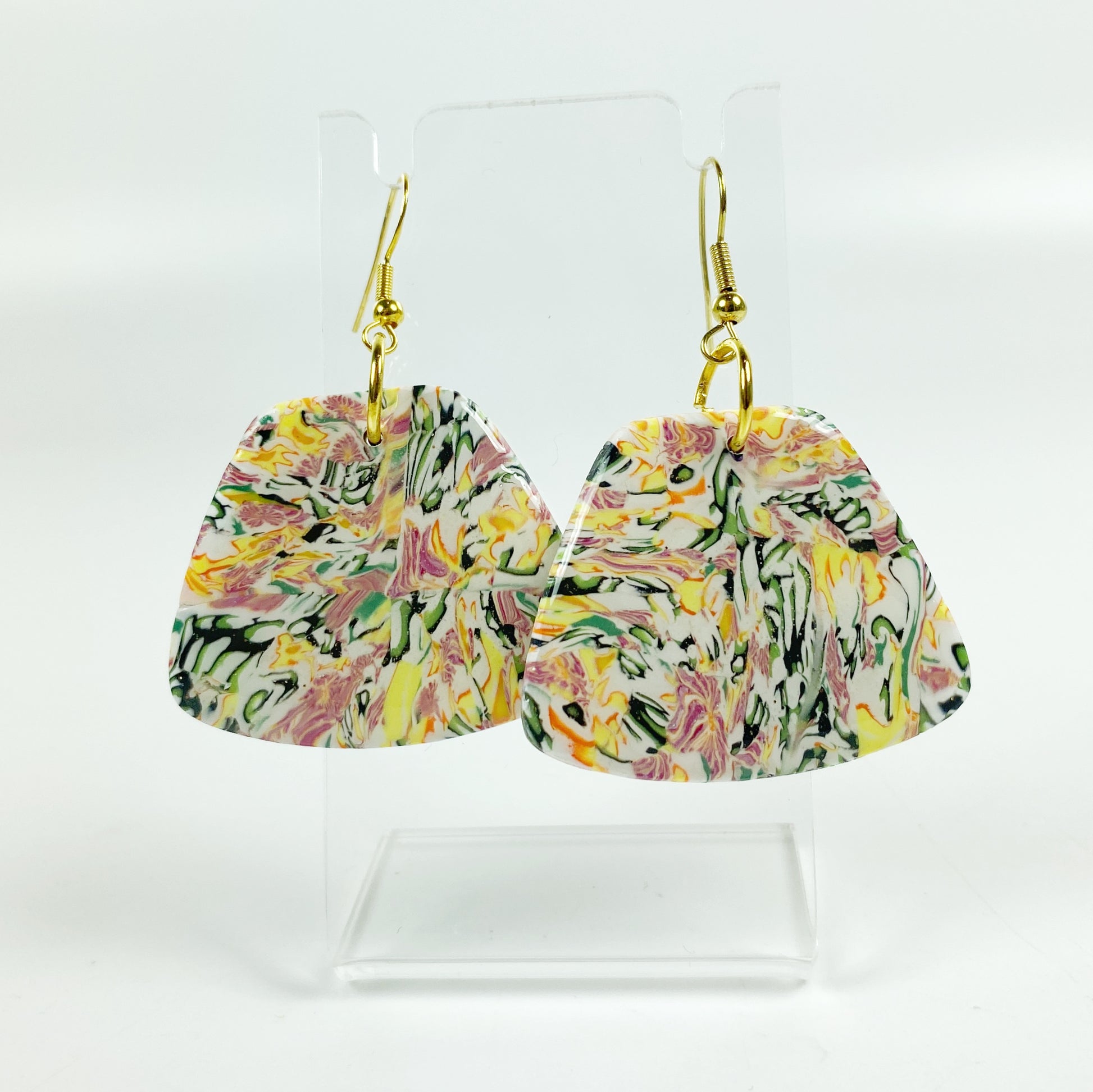 Garden Marbled Handmade Polymer Clay Dangle Earrings on small acrylic display stand
