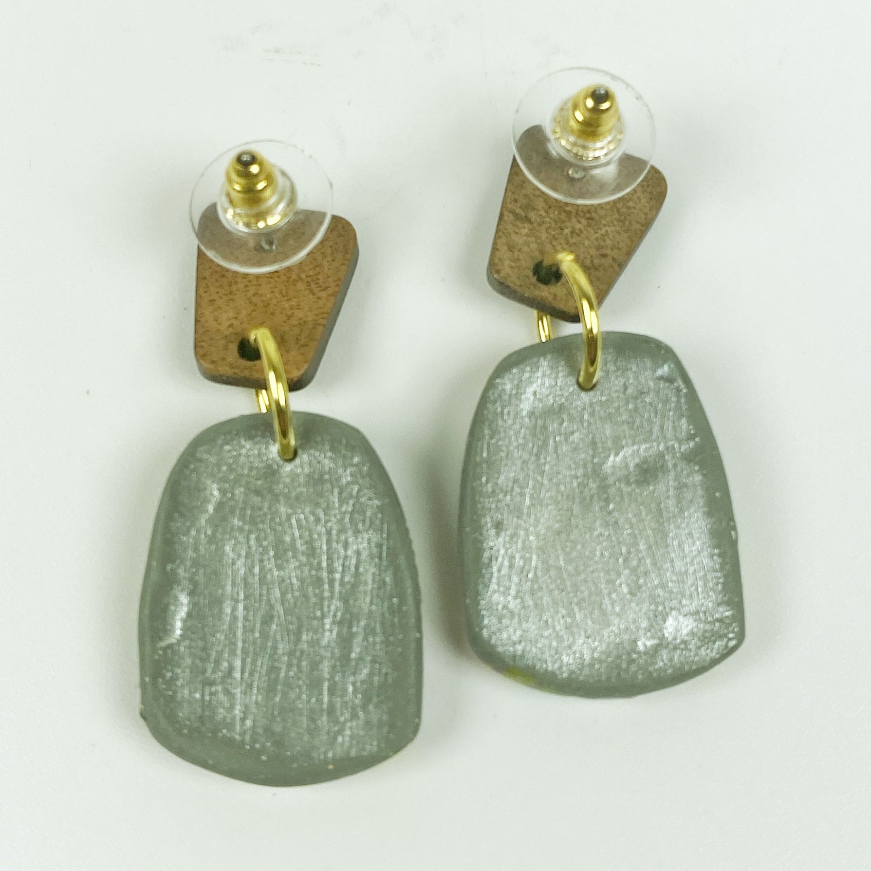 Green Floral Handmade Polymer Clay Dangle Earrings pewter mica wash on backs