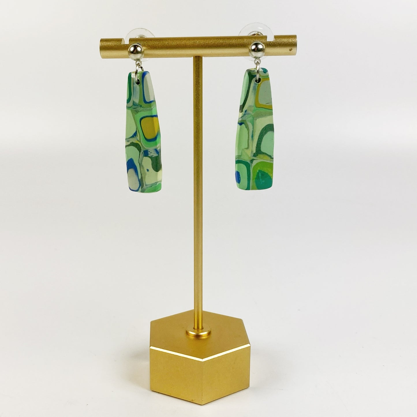 Squares of Green Polymer Clay Handmade Dangle Earrings on a brass earring stand