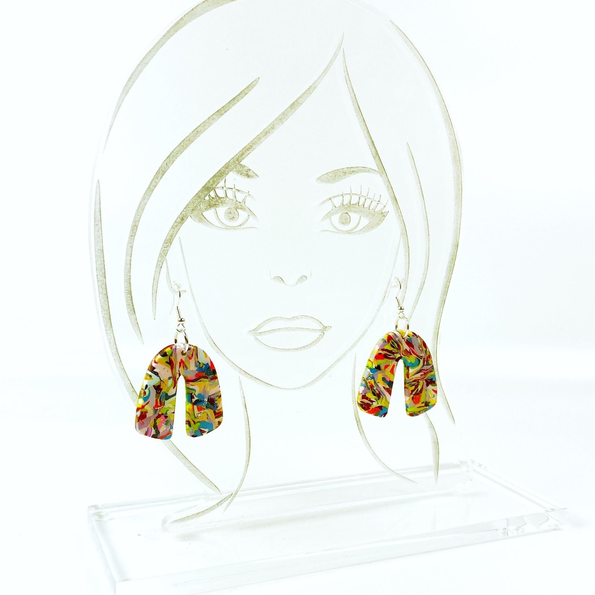 Meadow Breeze Rainbow Handmade Polymer Clay Dangle Earrings on acrylic display head