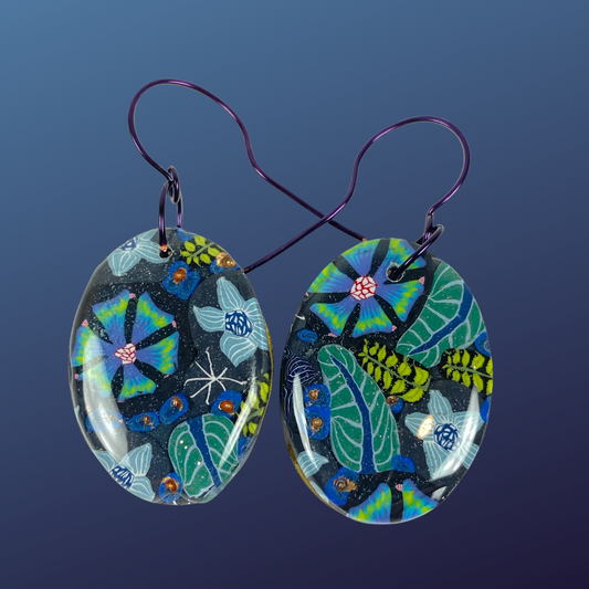 Night Blossom Handmade Polymer Clay Dangle Earrings II on dark blue backgrouns