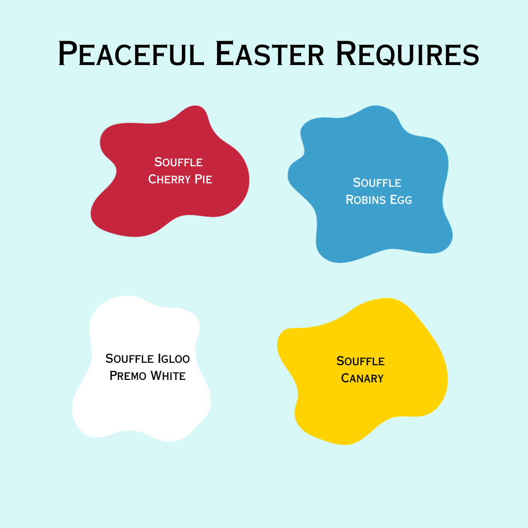 Mixing the Peaceful Easter palette requires these colors of Sculpey Souffle clay:  Cherry Pie Red, Robins Egg Blue, Igloo White and Canary Yellow.
