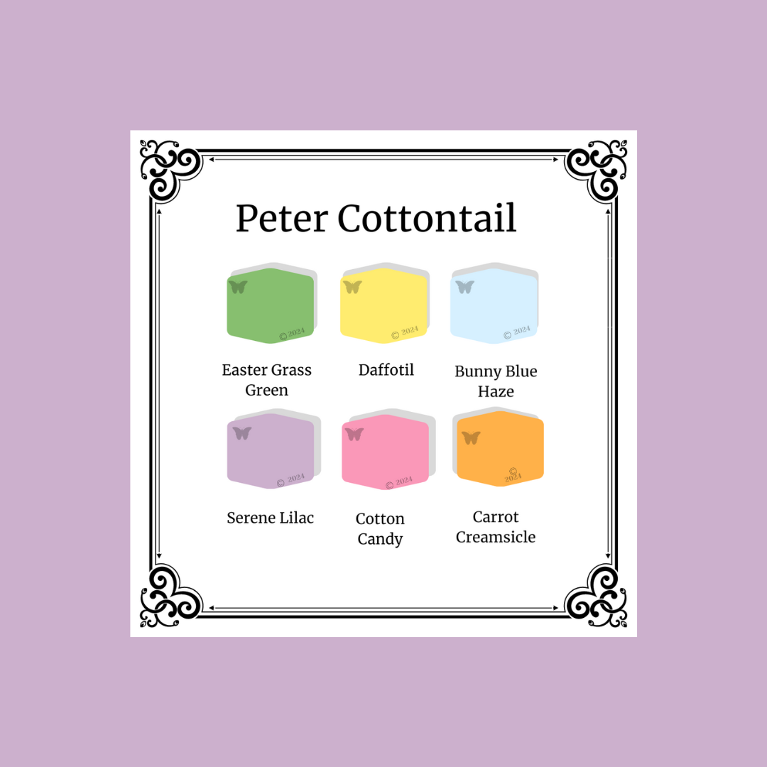 Peter Cottontail Easter Palette on a lilac background