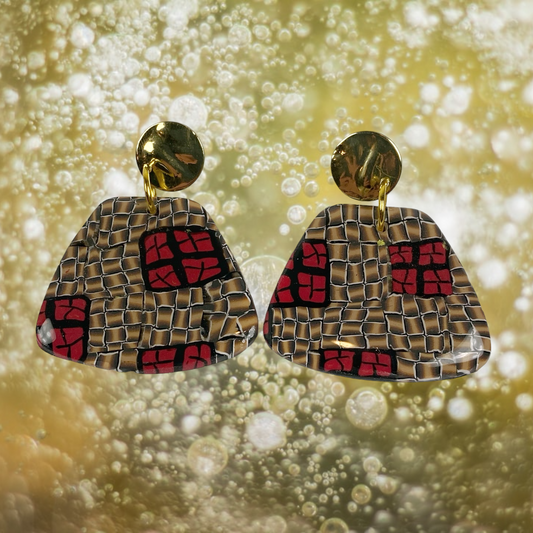 Polymer Clay Handmade Earrings, Red and Gold Lattice