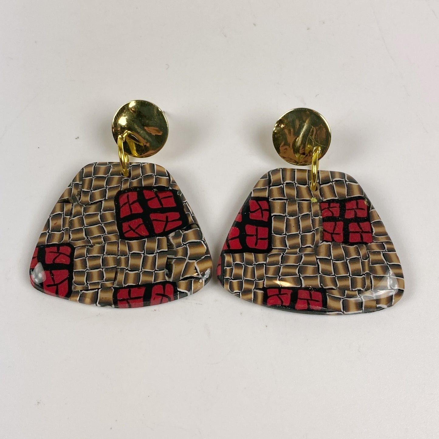 Polymer Clay Handmade Earrings, Red and Gold Lattice