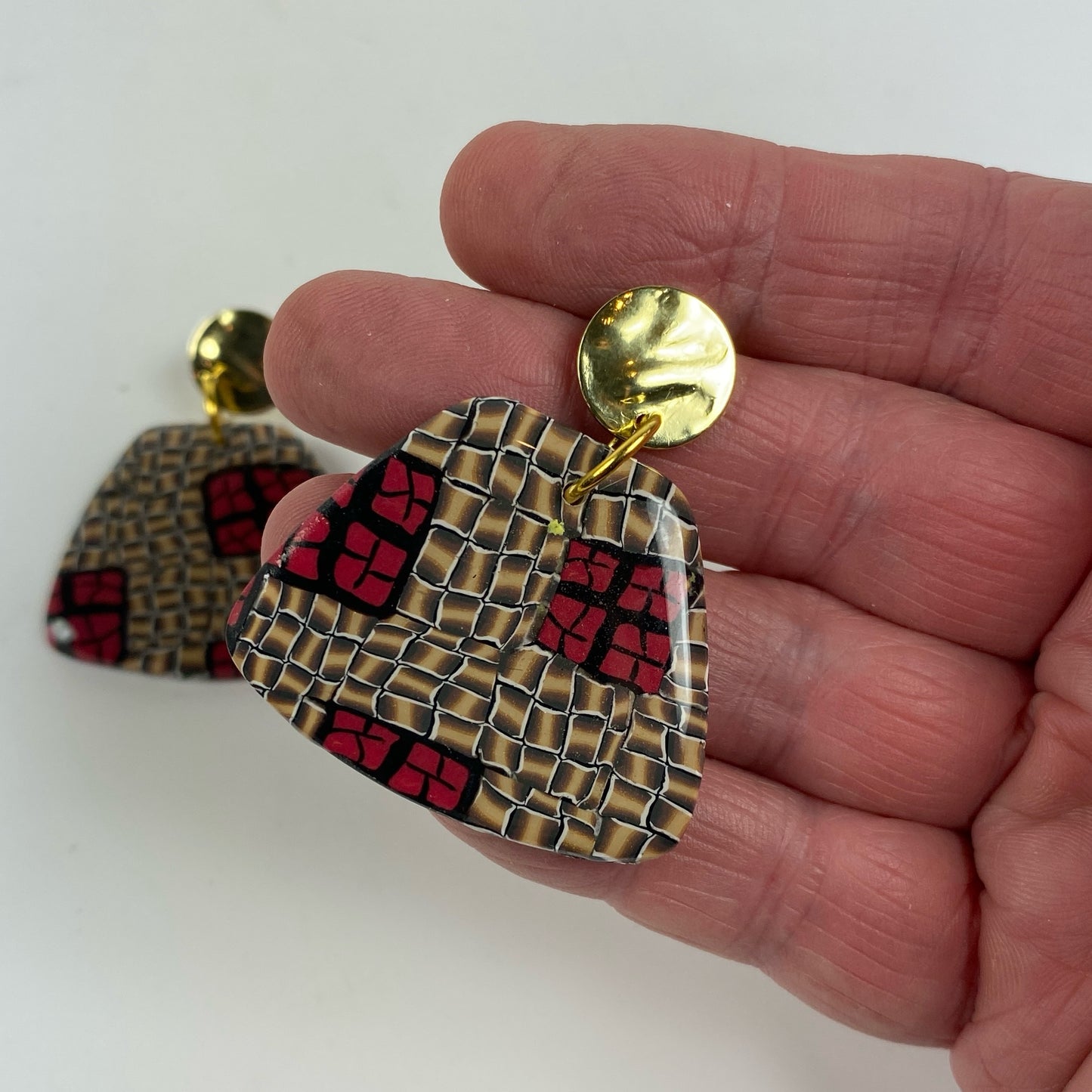 Polymer Clay Handmade Earrings, Red and Gold Lattice