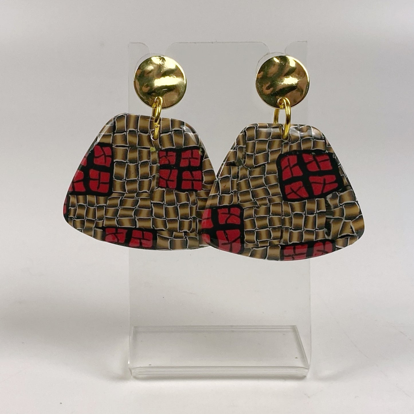 Polymer Clay Handmade Earrings, Red and Gold Lattice