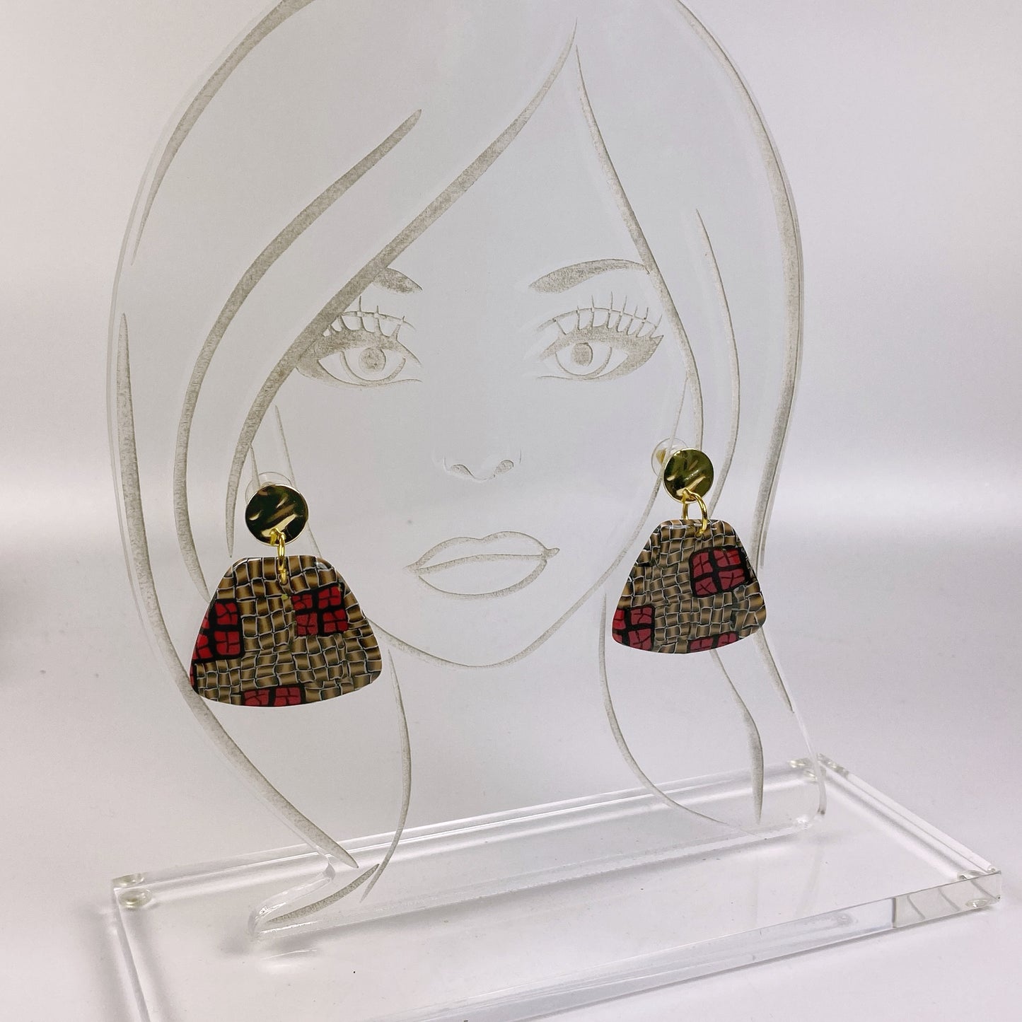 Polymer Clay Handmade Earrings, Red and Gold Lattice