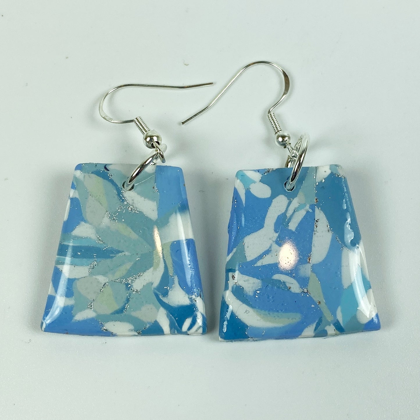 Moody Blue Handmade Polymer Clay Dangle Trapezoid Earrings front view