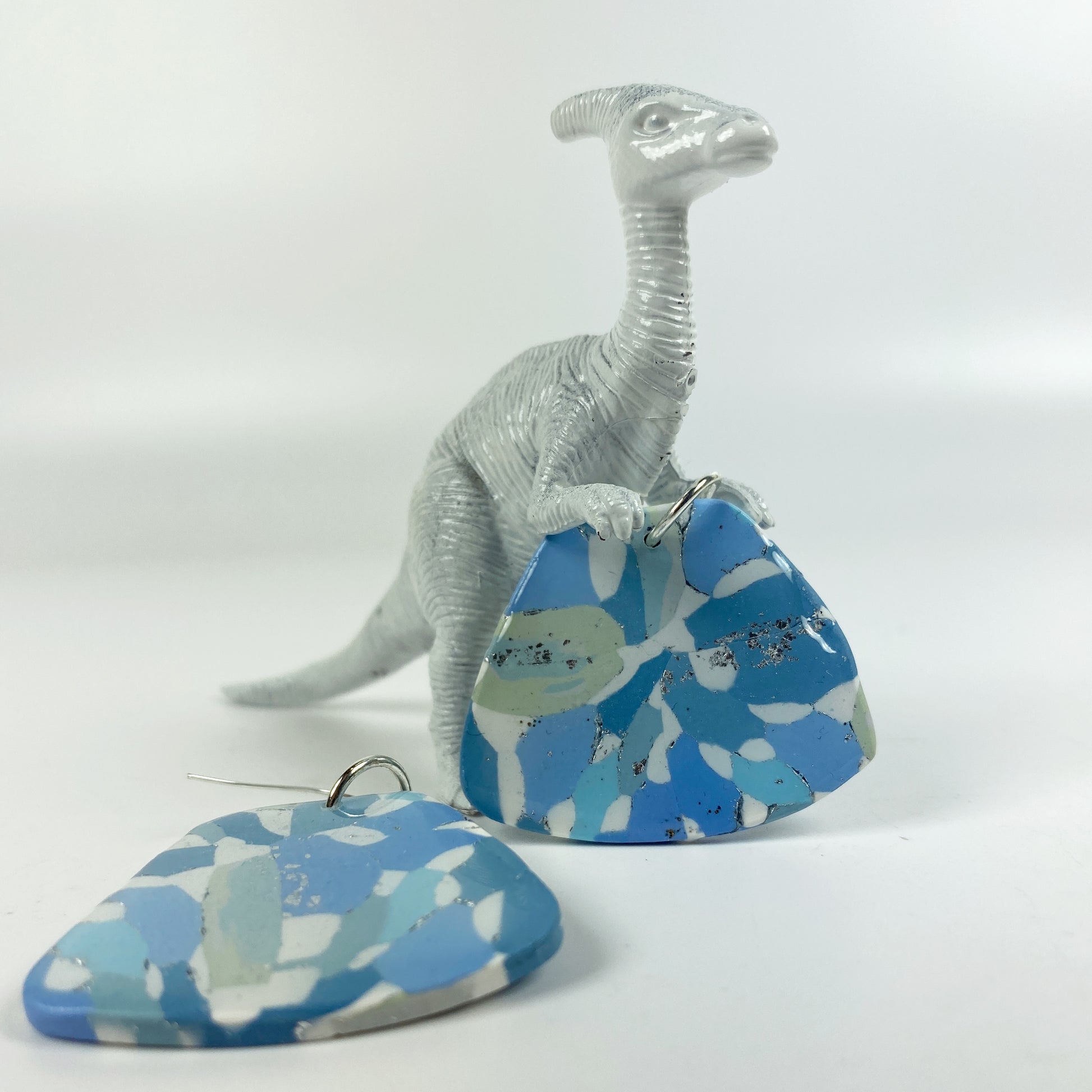 Moody Blue Handmade Polymer Clay Dangle Sleek Symmetry Earrings with dinosaur