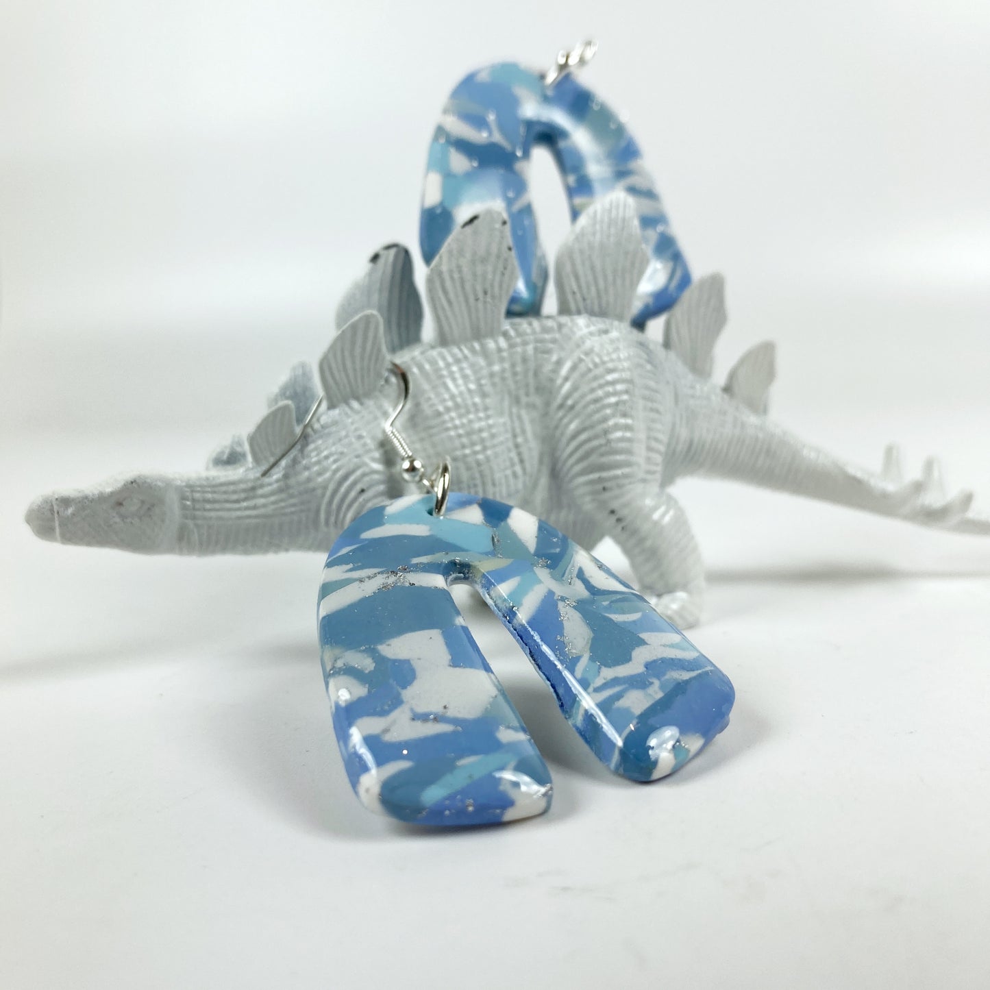 Moody Blue Handmade Polymer Clay Dangle Rainbow Shaped Earrings with dinosaur