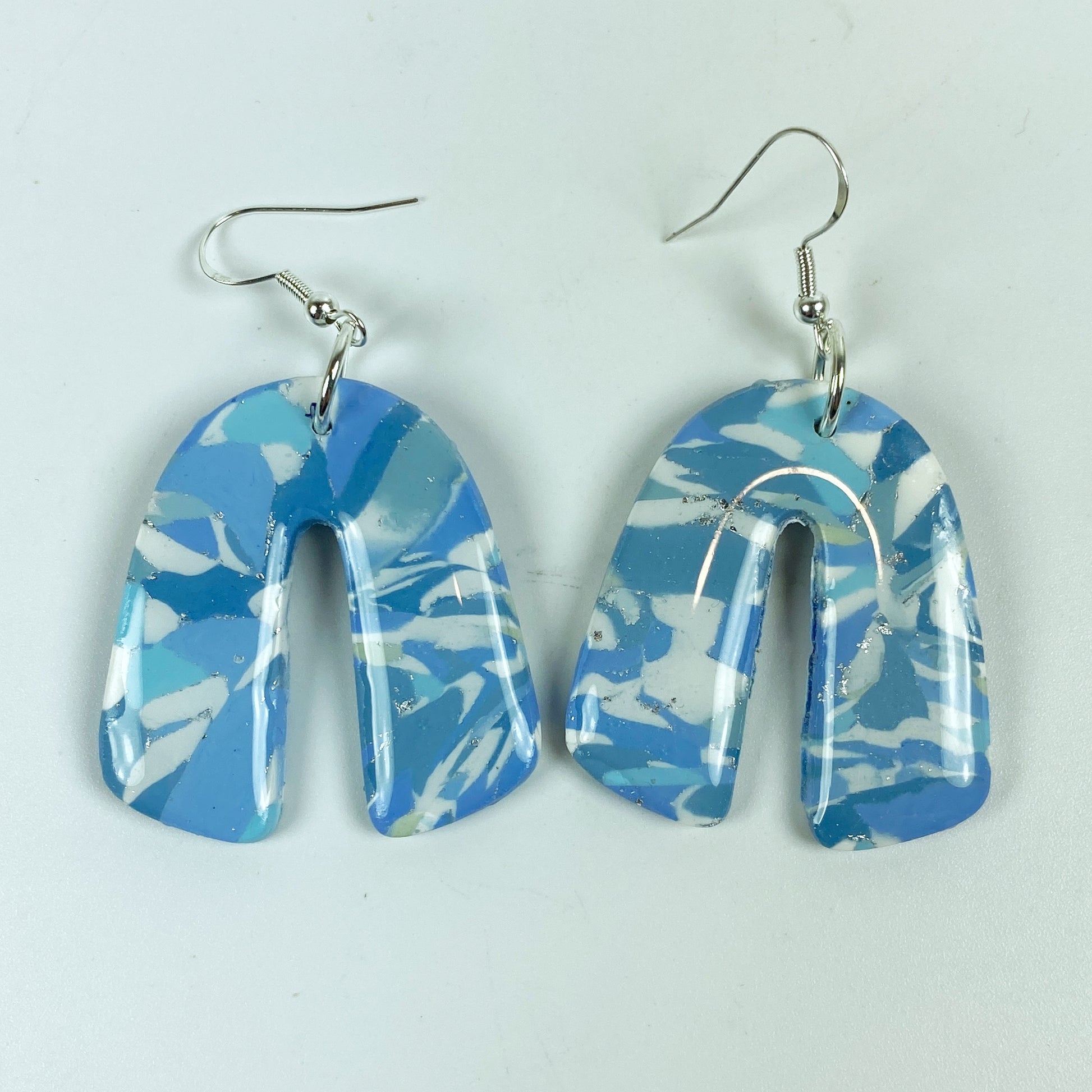 Moody Blue Handmade Polymer Clay Dangle Rainbow Shaped Earrings front view