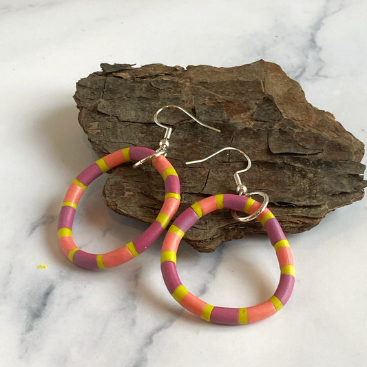 Polymer Clay Rhythm Hoop Earrings in Pink, Lavender and Citron