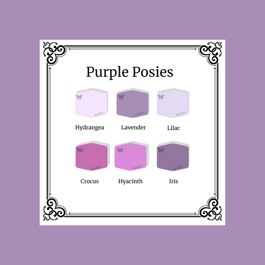 Purple Posies Polymer Clay Tutorial - the 6 gorgeous colors! on a lavender background