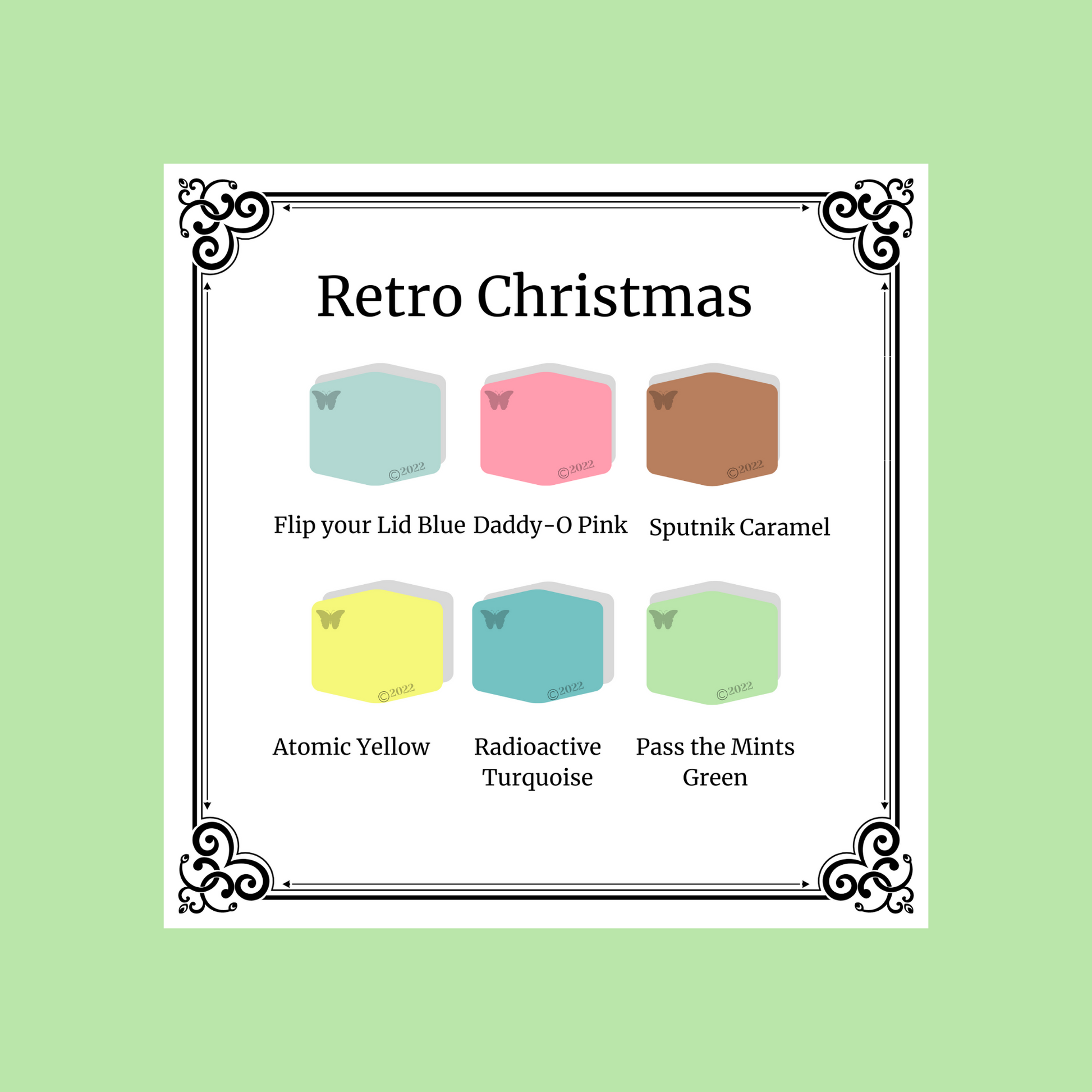 Retro Christmas 6 color palette on Pass the Mints Green background