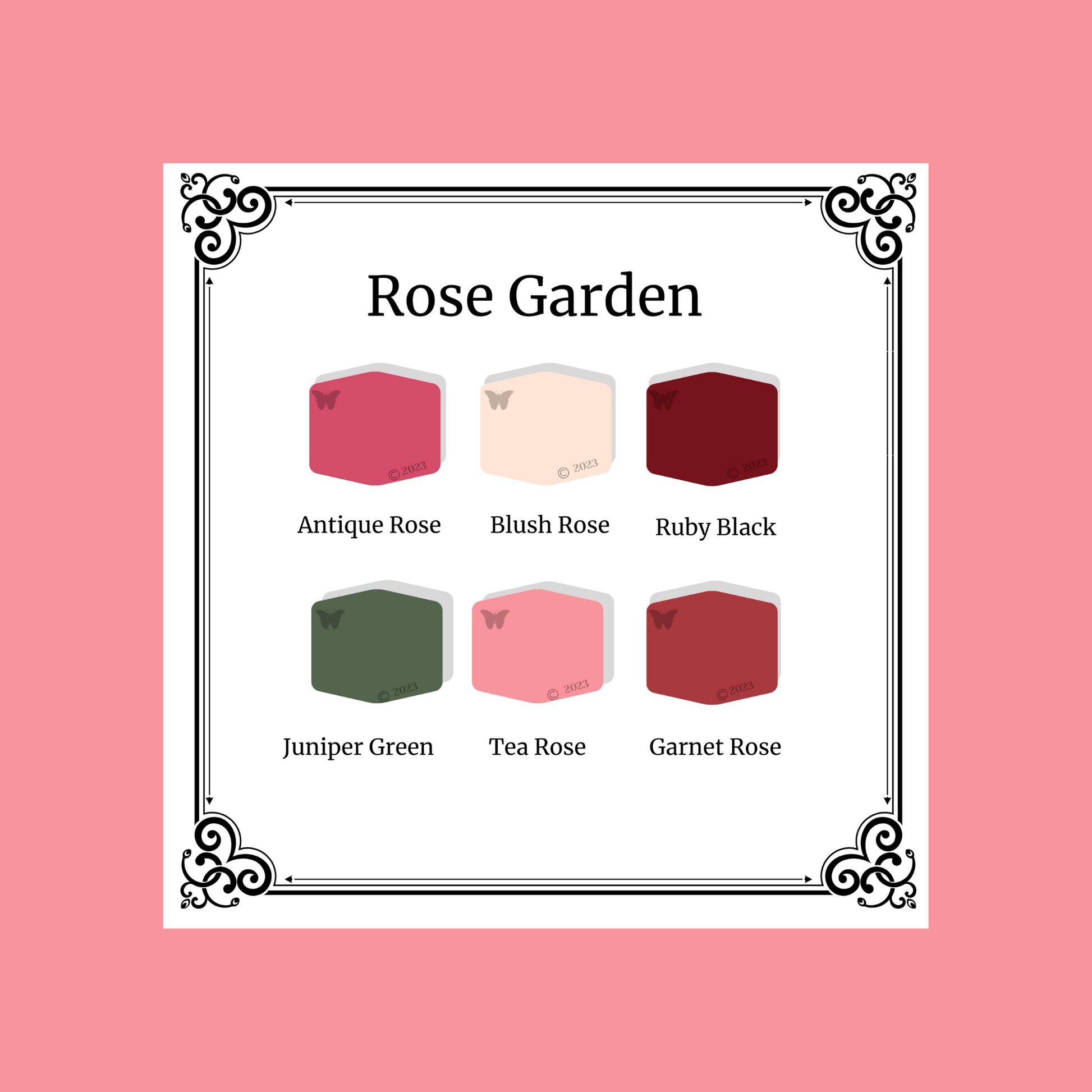Polymer Clay Rose Garden 6 color palette on tea rose background