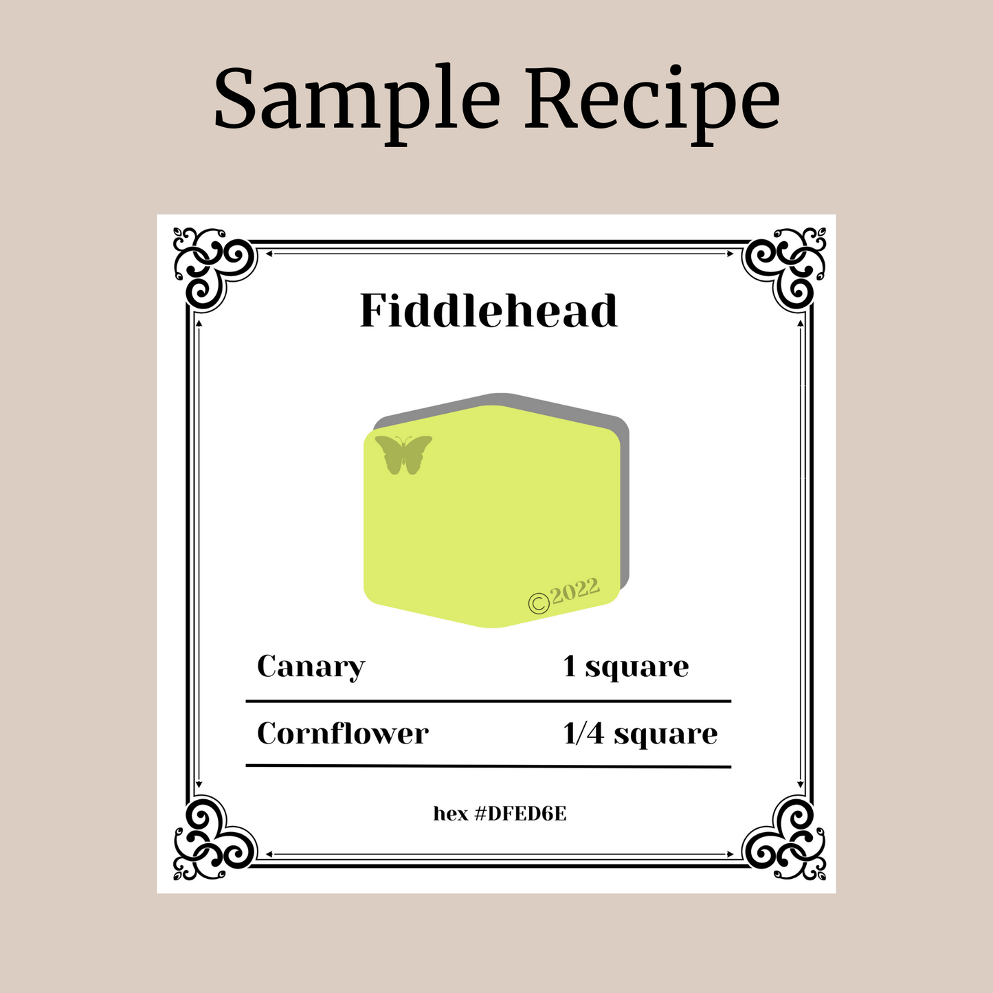 Polymer Clay color mixing Sample Recipe showing how to mix Fiddlehead green (a light yellow-green) from Sculpey Souffle Canary and Cornflower.
