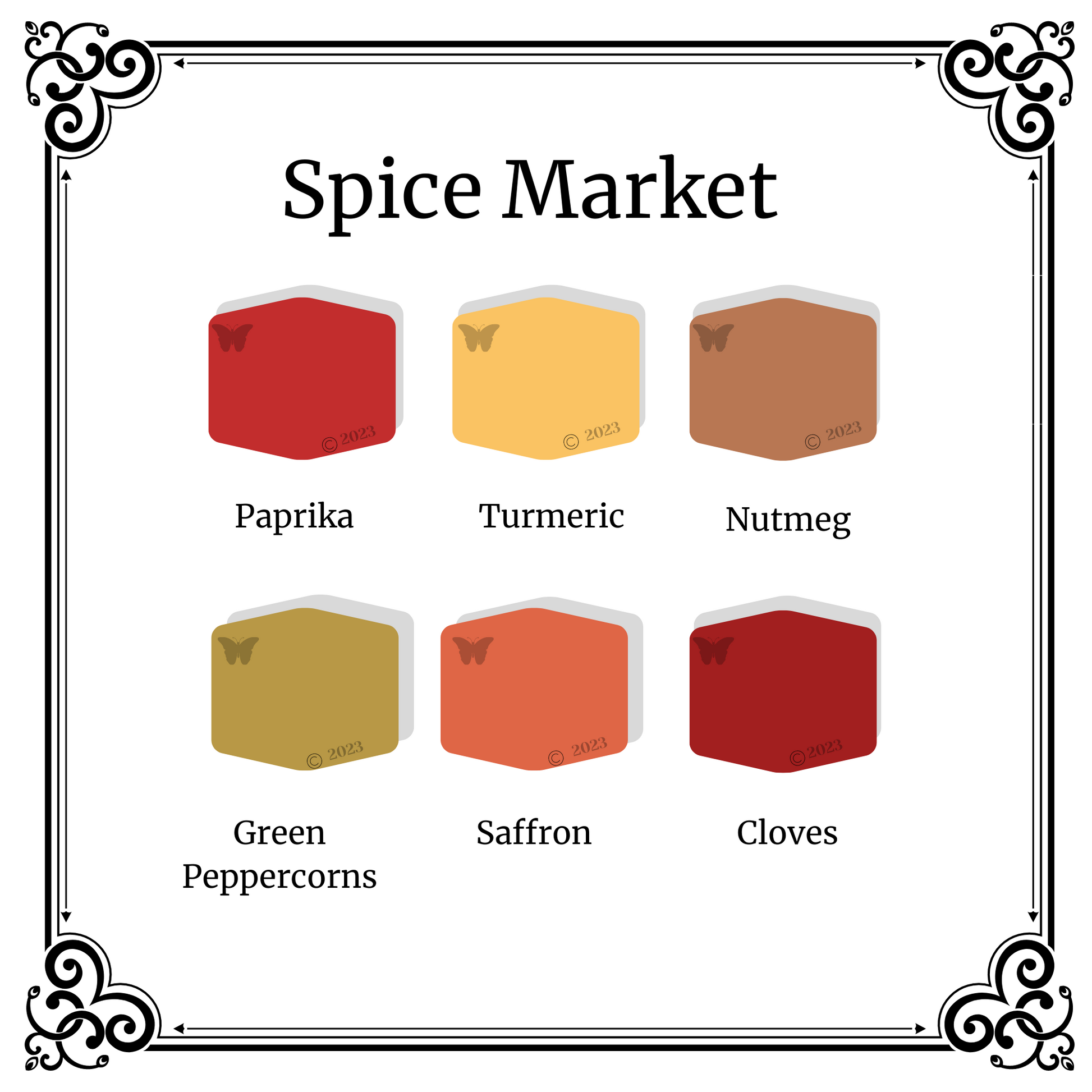 Showing the 6 color palette of Spice Market: Turmeric, Paprika, Green Peppercorns, Clove Saffron and Nutmet