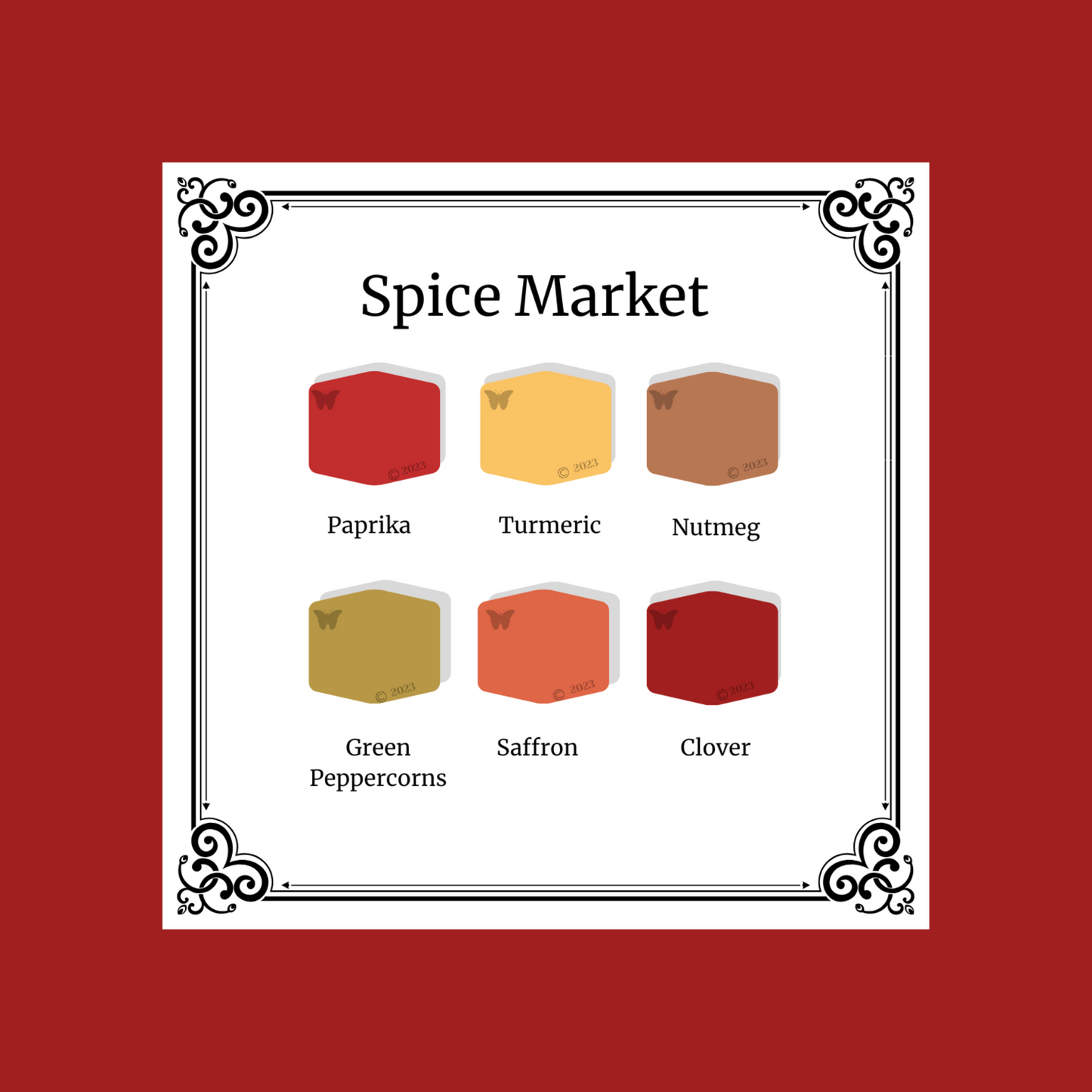Showing the 6 color palette of Spice Market: Turmeric, Paprika, Green Peppercorns, Clove Saffron and Nutmeg on a paprika background