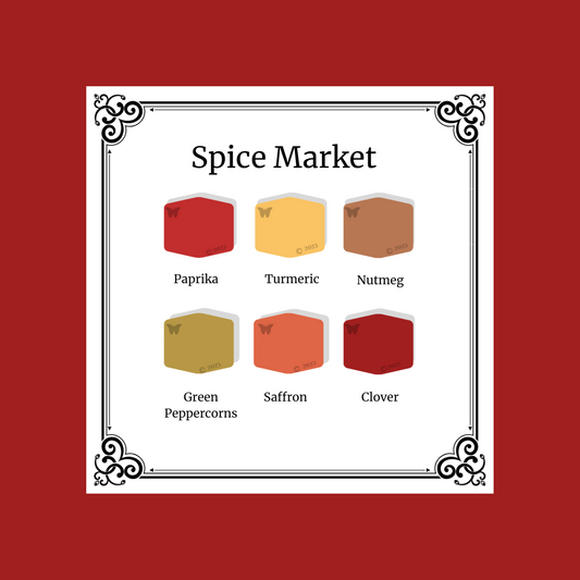 Showing the 6 color palette of Spice Market: Turmeric, Paprika, Green Peppercorns, Clove Saffron and Nutmeg on a paprika background