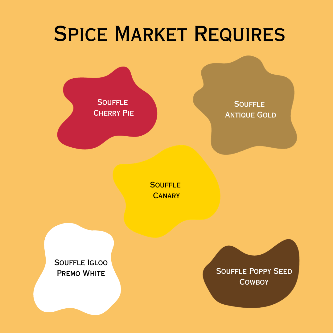 Polymer Clay Spice Market Color Palette showing the colors of Souffle Clay required to mix these 6 colors:  Cherry Pie Red, Canary Yellow, Antique Gold, Cowboy Brown and Igloo White