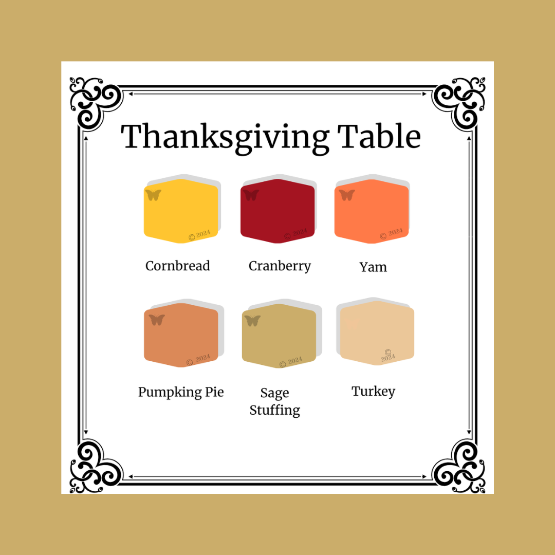 Thanksgiving table setting with colored cubes labeled Cornbread, Cranberry, Yam, Pumpkin Pie, Sage Stuffing, and Turkey on a gold background.