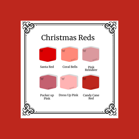Christmas Reds 6 color palette on candy cane red background