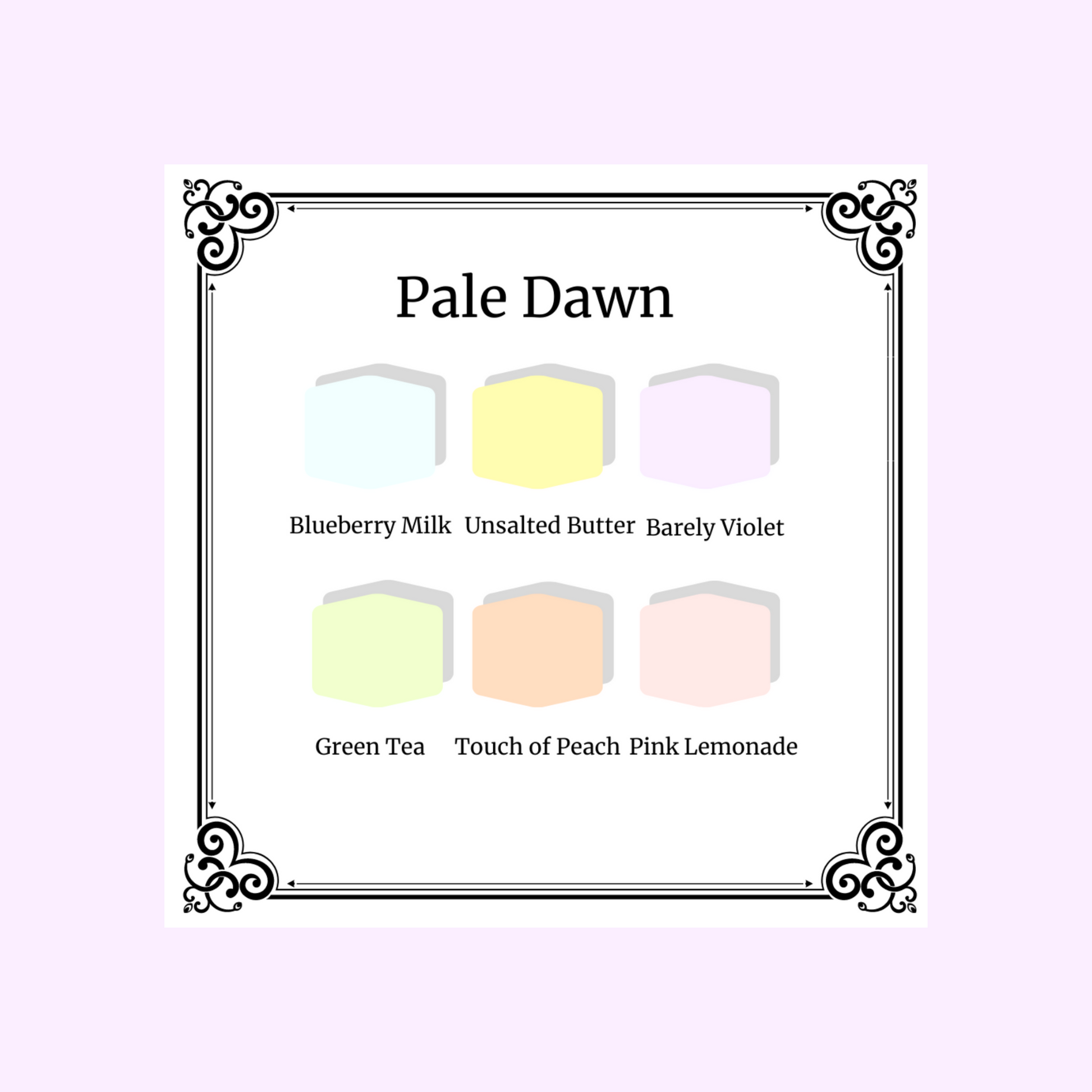 Polymer Clay Pale Dawn Color palette showing the lovely pastel colors:  Blueberry Milk, Unsalted Butter, Barely Violet, Green Tea, Touch of Peach and Pink Lemonade