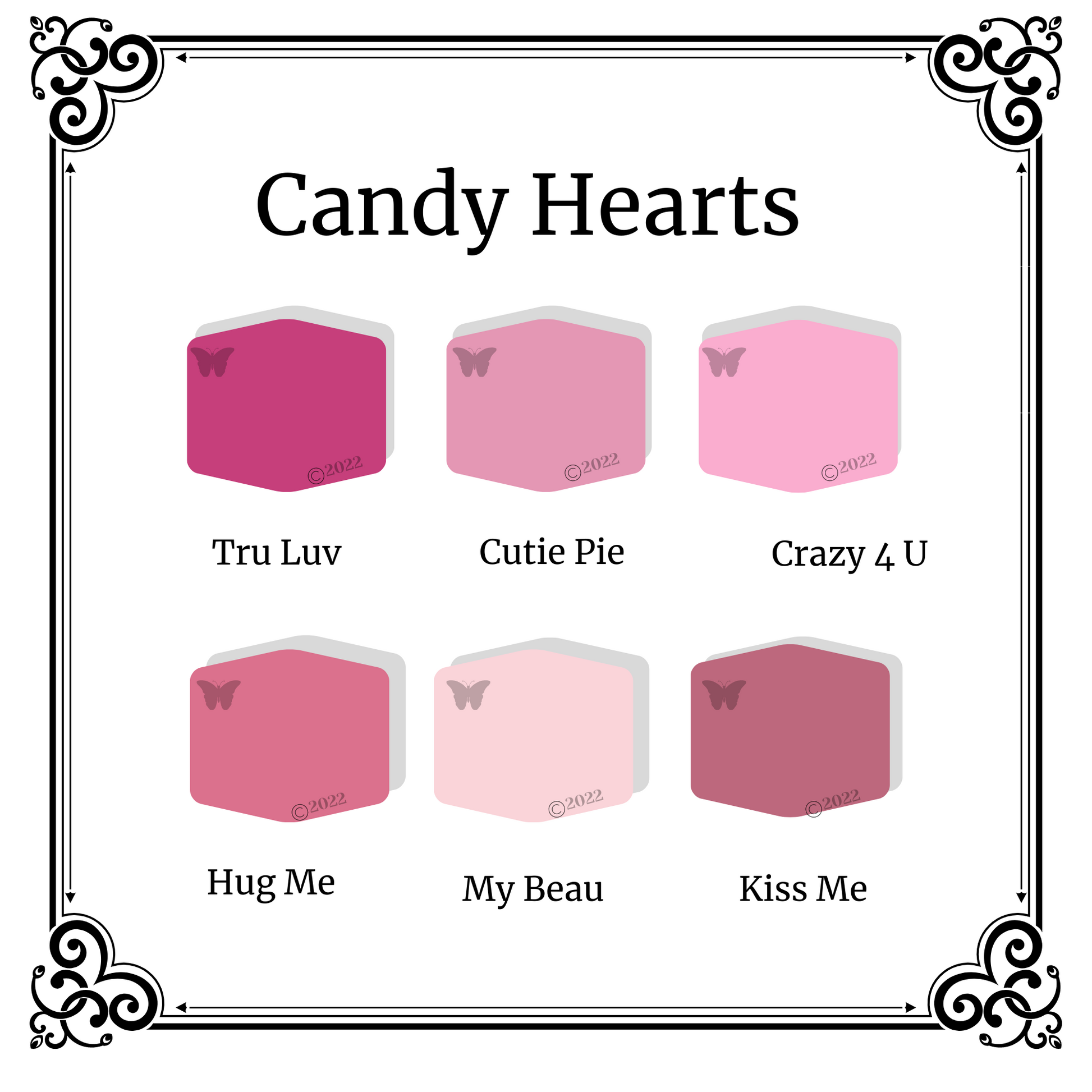 Polymer Clay Color PaletteCandy Hearts.  A black and white Victorian frame around 6 hexagons in shades of pink and purple.   The palette colors are Tru Luv, Cutie Pie, Crazy 4 U, Hug Me, My Beau, and Kiss Me