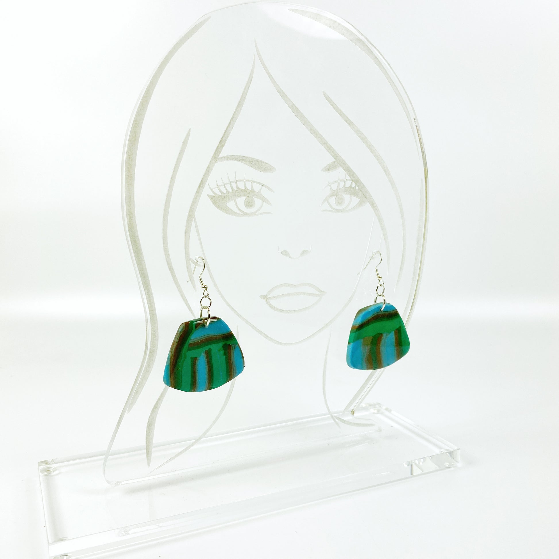 Hip Stripes Handmade Polymer Clay Dangle Earrings on acrylic display head