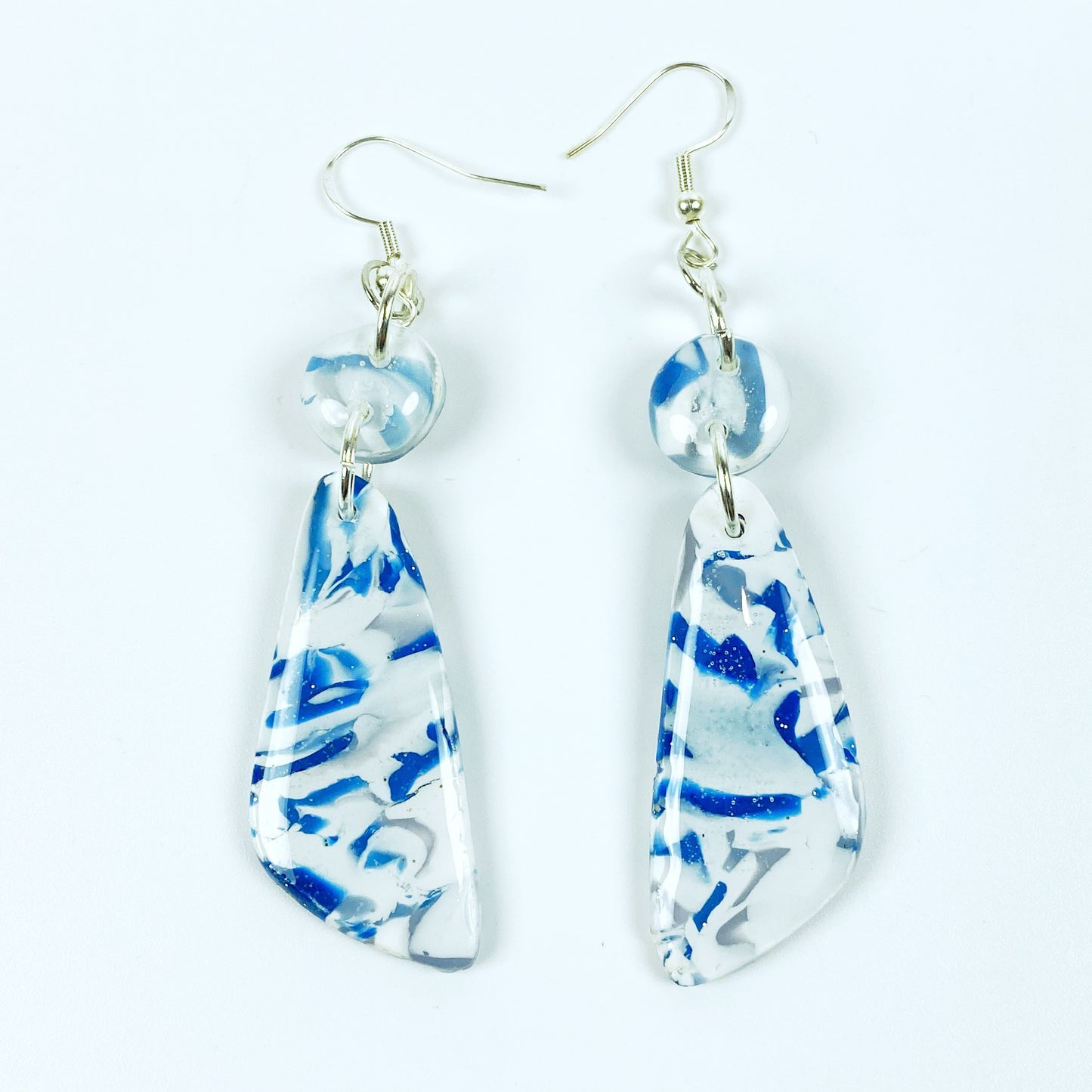 Blue Marble Handmade Polymer Clay Long Dangle Earrings front view
