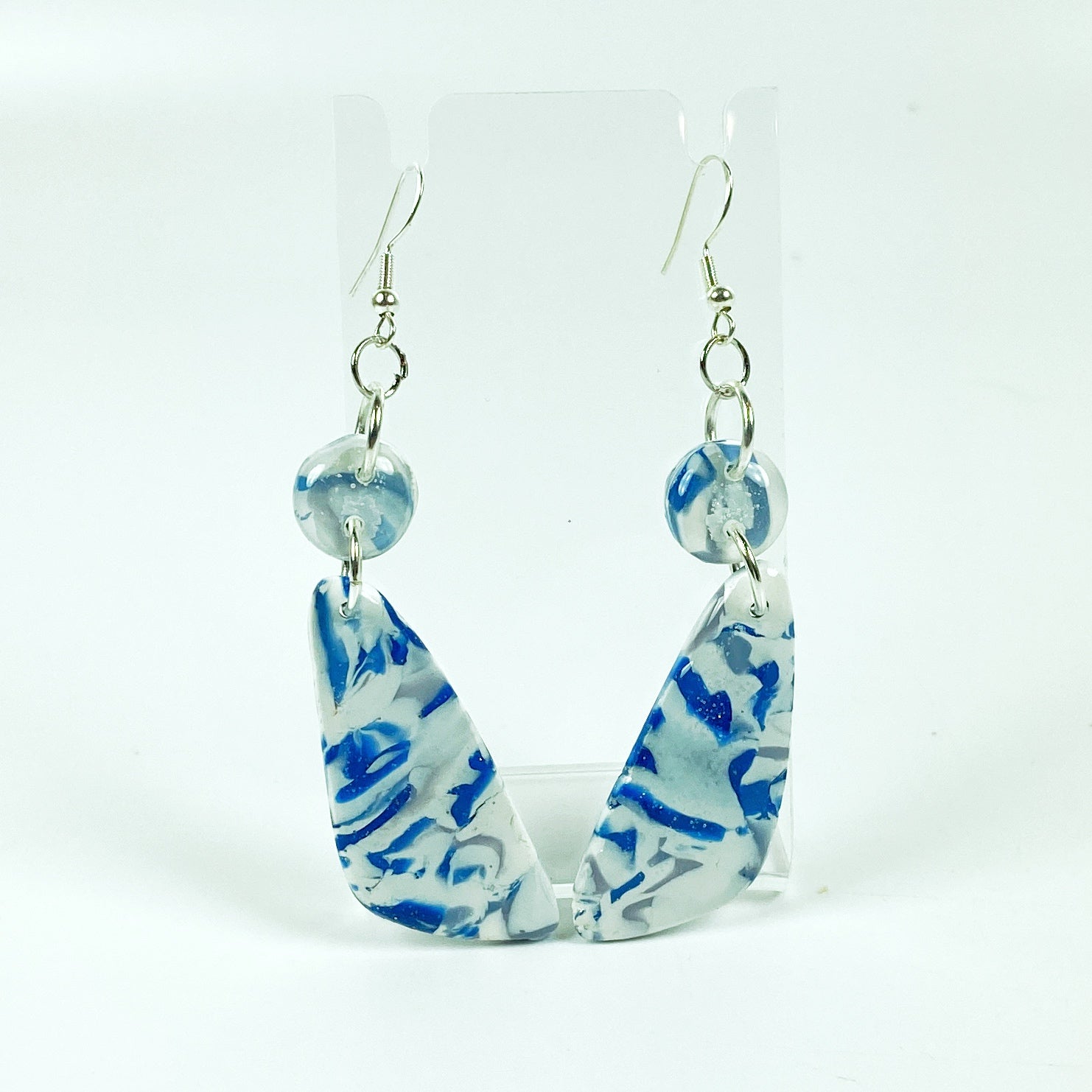 Blue Marble Handmade Polymer Clay Long Dangle Earrings on small acrylic display stand