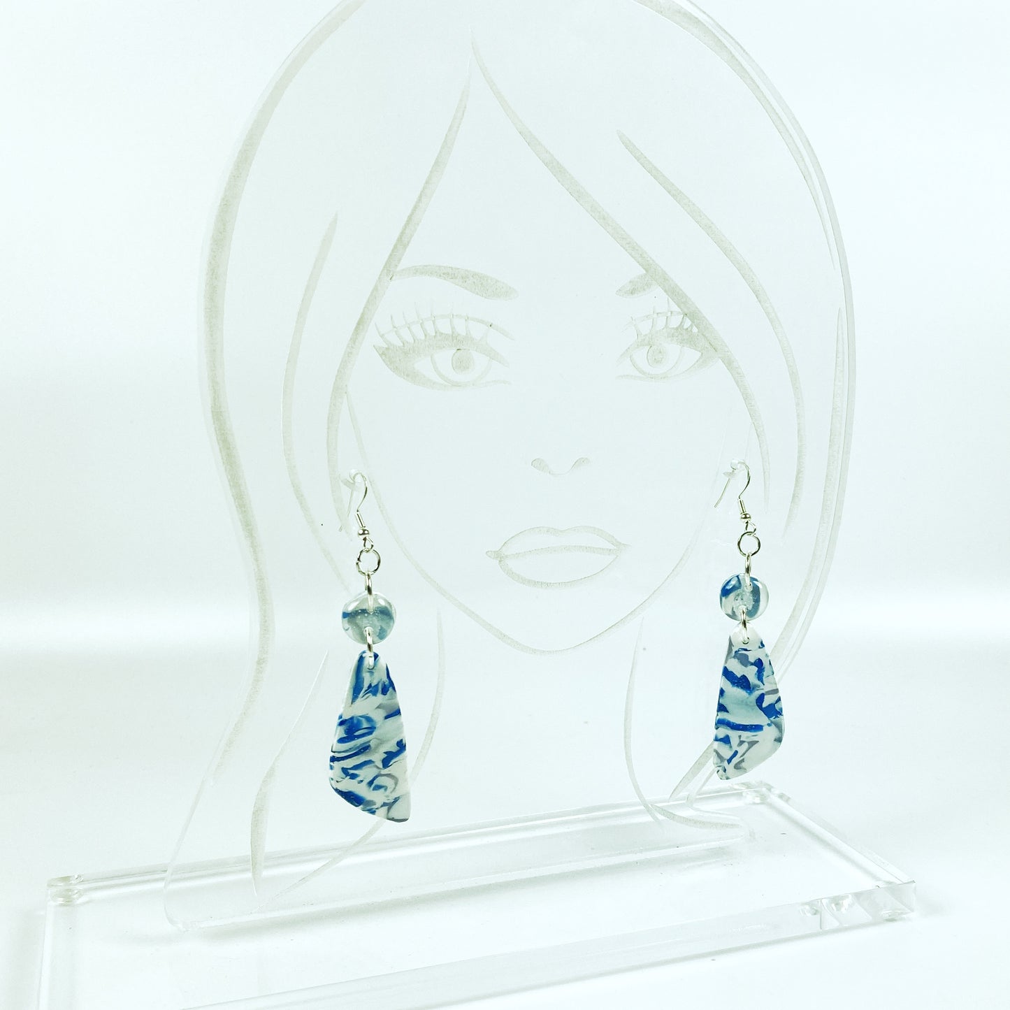 Blue Marble Handmade Polymer Clay Long Dangle Earrings on acrylic display head