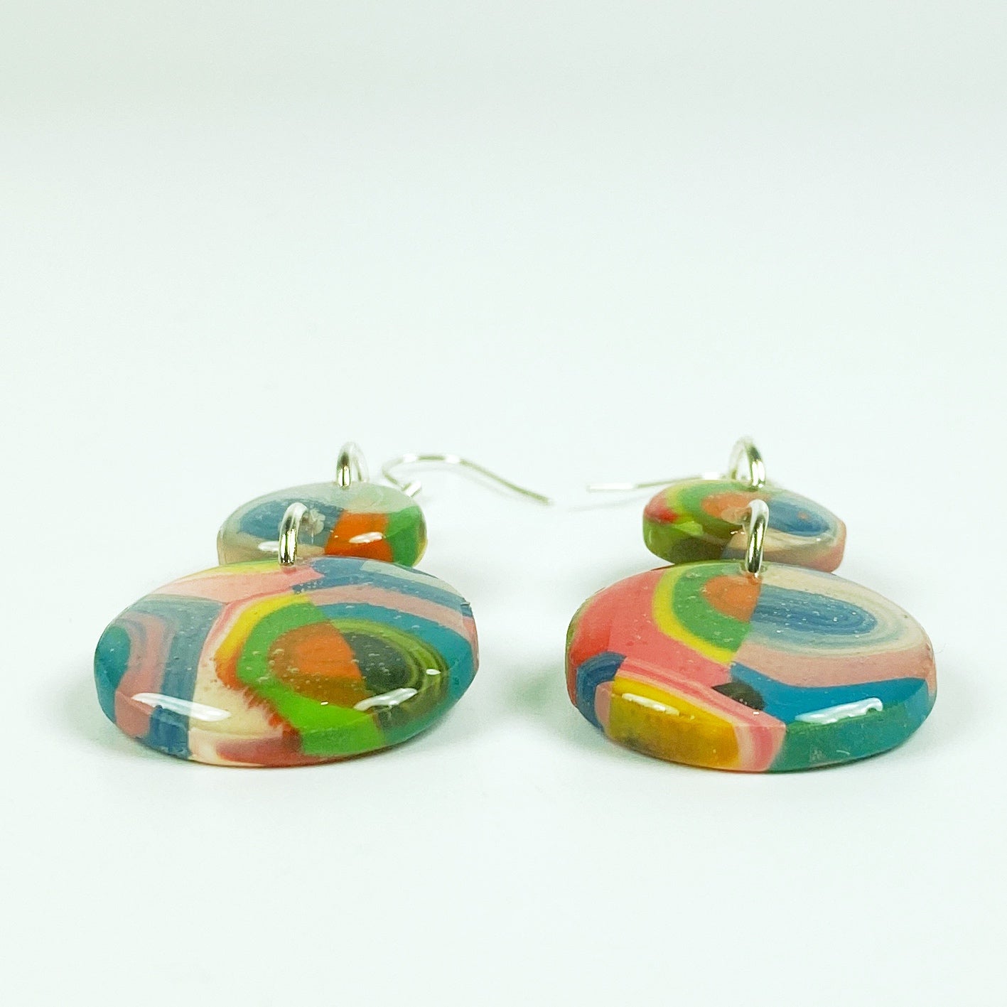 Double Kaleidoscope Multicolor Polymer Clay Dangle Earrings sude vuew