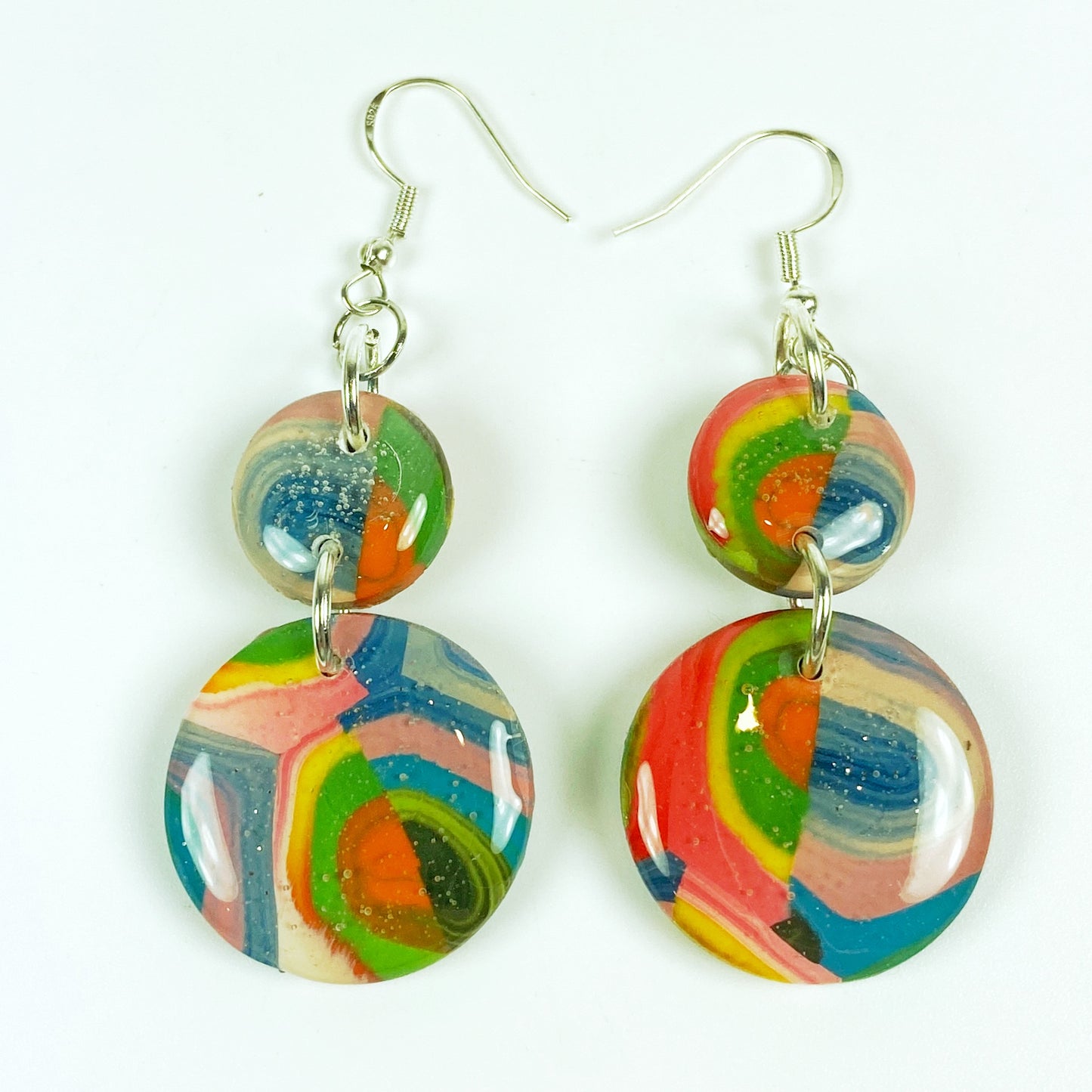 Double Kaleidoscope Multicolor Polymer Clay Dangle Earrings front view