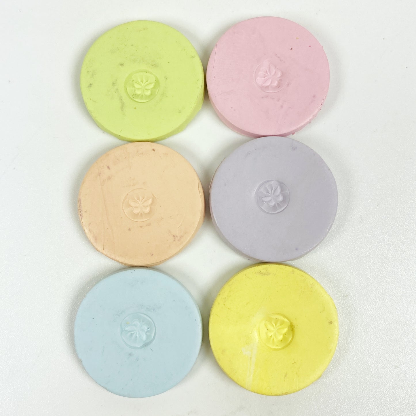 Discs of Polymer Clay in all 6 pastel colors of this palette, arranged 2 wide and 3 tall.
