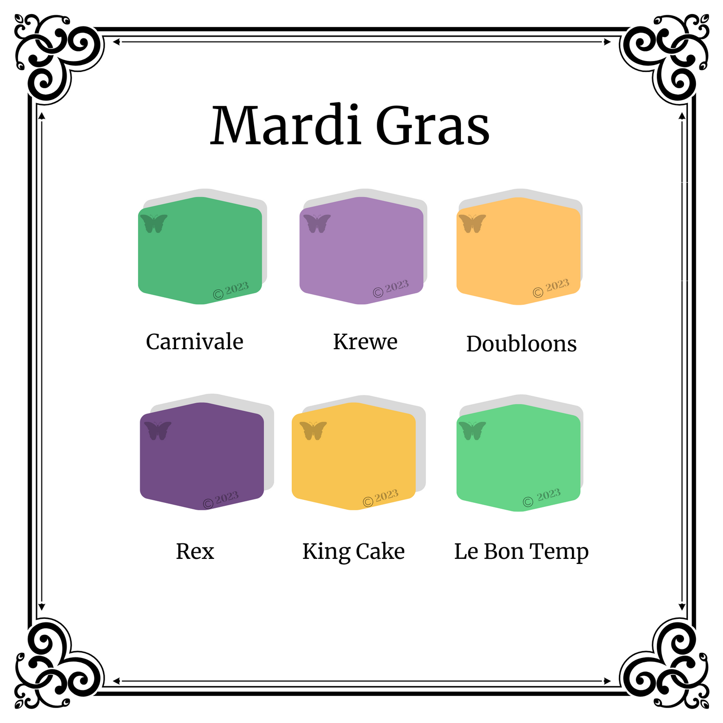 Polymer Clay Color Palette Mardi Gras.  A black and white Victorian frame around 6 hexagons in shades of green, gold,  and purple.   The title is Mardi Gras and the 6 colors are Carnivale, Krewe, Doubloons, Rex, King Cake and Le Bon Temp