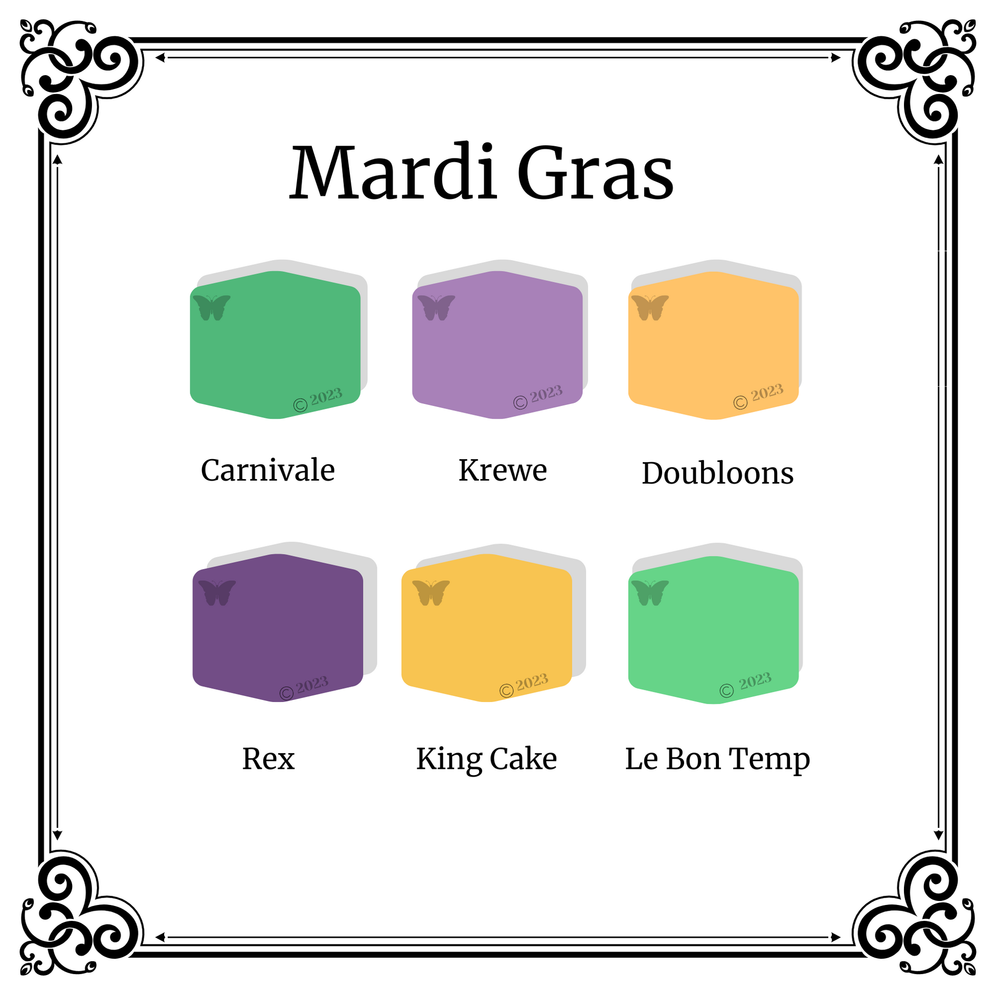Polymer Clay Color Palette Mardi Gras.  A black and white Victorian frame around 6 hexagons in shades of green, gold,  and purple.   The title is Mardi Gras and the 6 colors are Carnivale, Krewe, Doubloons, Rex, King Cake and Le Bon Temp