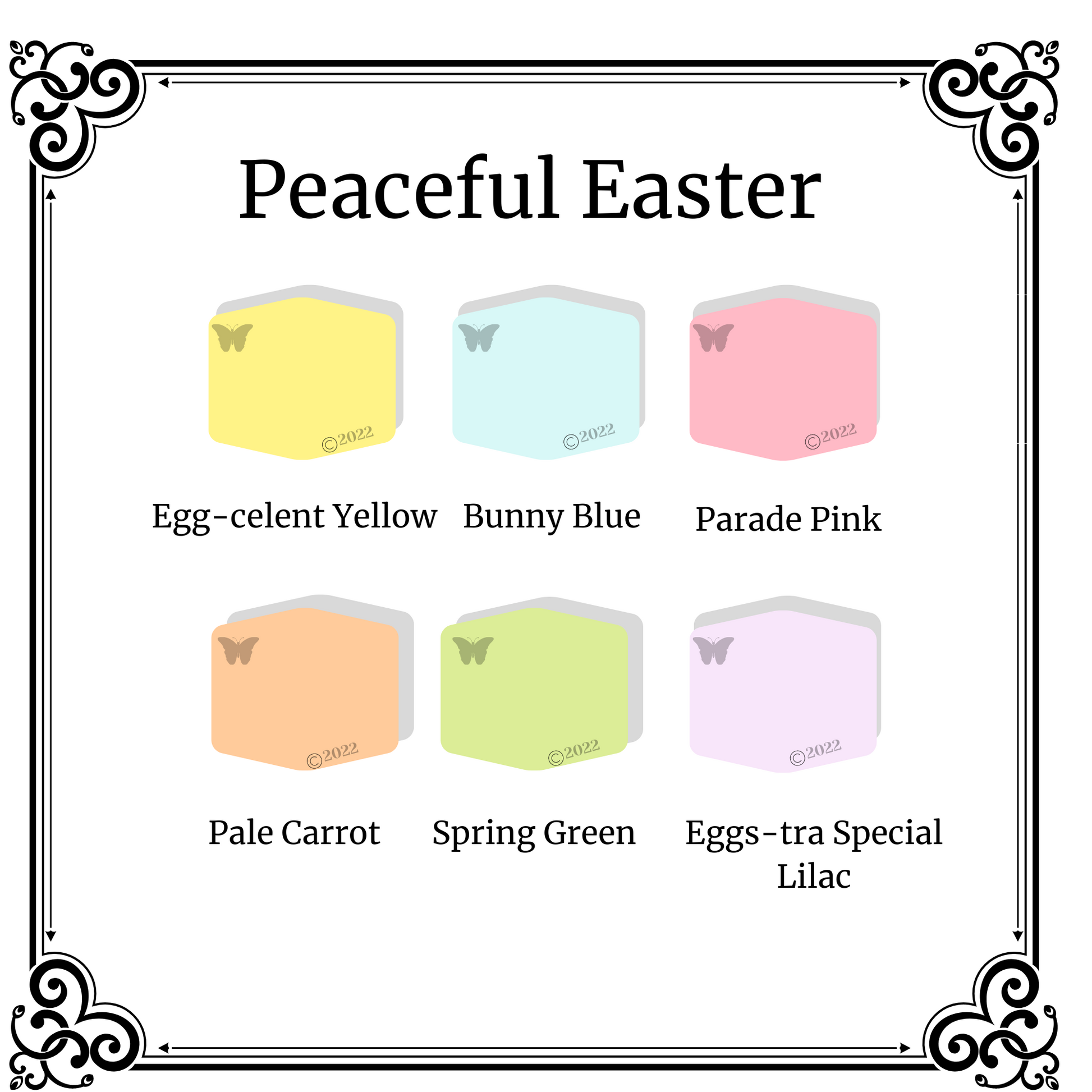 The Peaceful Easter palette contains the 6 colors Egg-celent Yellow, Bunny Blue, Parade Pink, Pale Carrot, Spring Green and Eggs-tra Special Lilac.