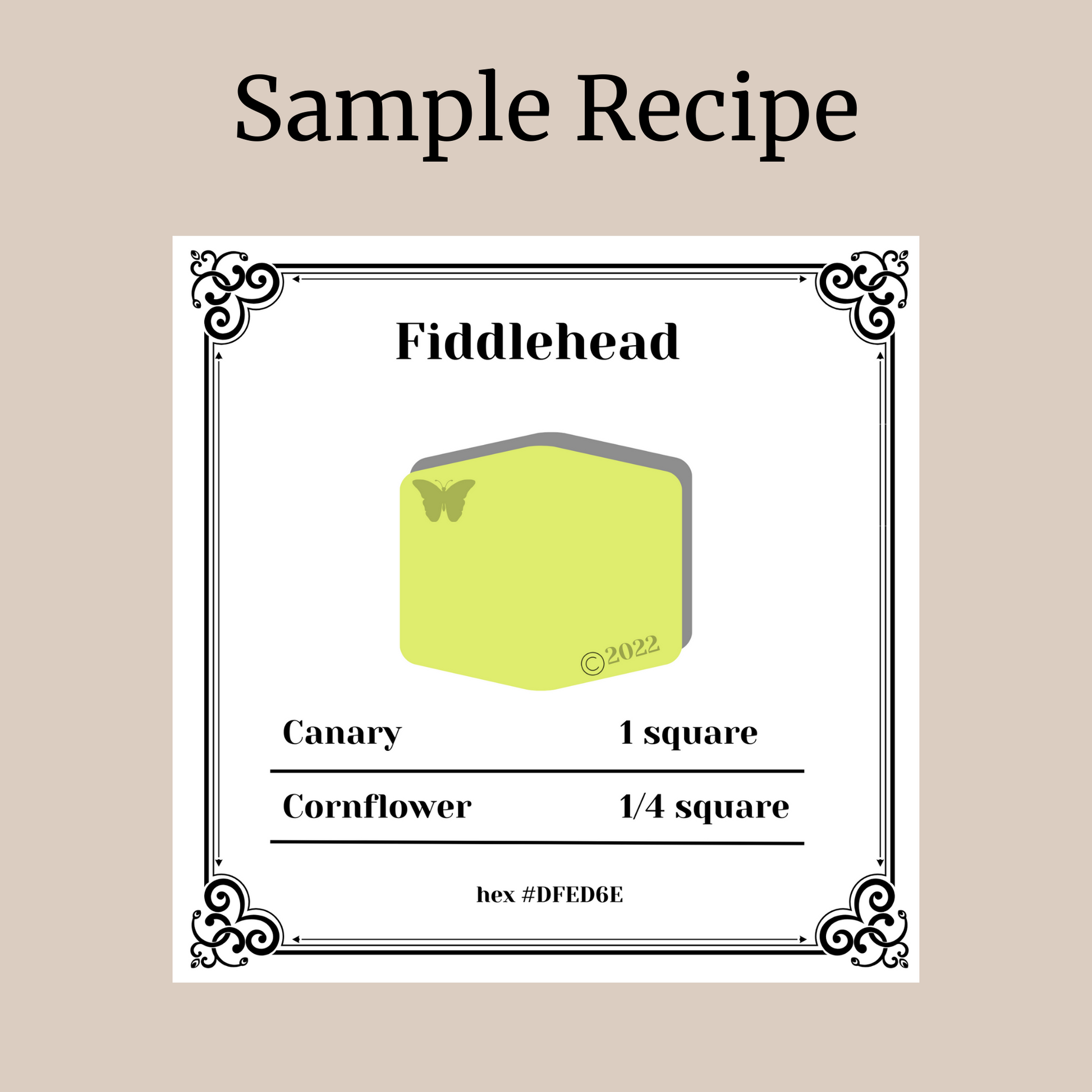 A sample polymer clay color recipe for Fiddlehead green.  It uses 1 square of Sculpey Souffle Canary (a bright yellow) and 1/4 square of Robin's Egg Blue.  Hex code for Fiddlehead is DDEB6F.